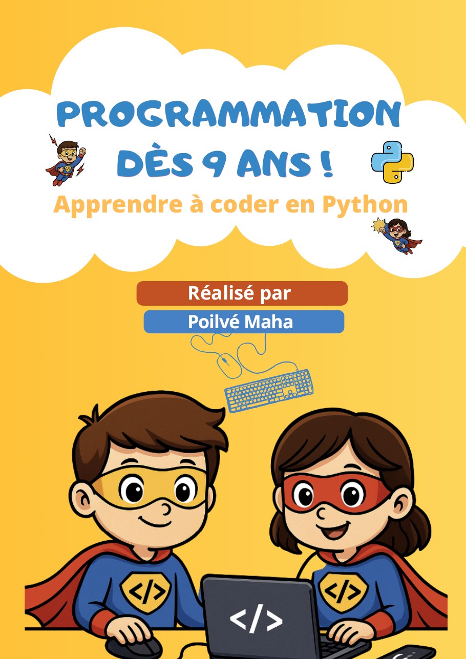 Couverture jaune du livre Programmation dès 9 ans avec deux enfants super-héros devant un ordinateur